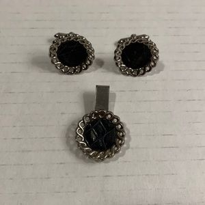 SILVER Tone Cuff Links w/ Tie Tack- leather inside- good condition- vintage